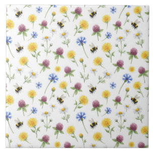 Waterverf wilde bloemen en honingbijen tegeltje