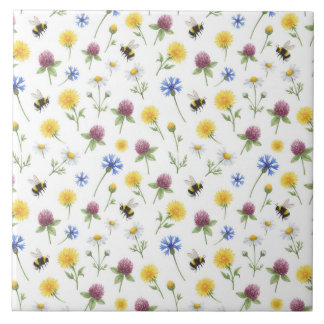 Waterverf wilde bloemen en honingbijen tegeltje