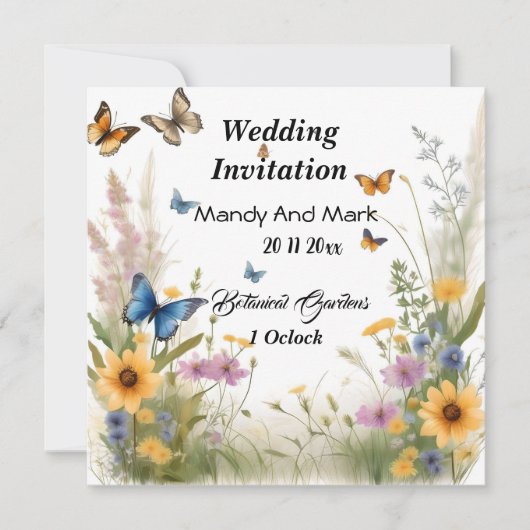Waterverf Wilde Bloemen En Vlinders, Trouwen Kaart (Voorkant)