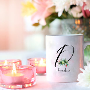 Waterverf wilde bloemen initiaal monogram koffie m koffiemok