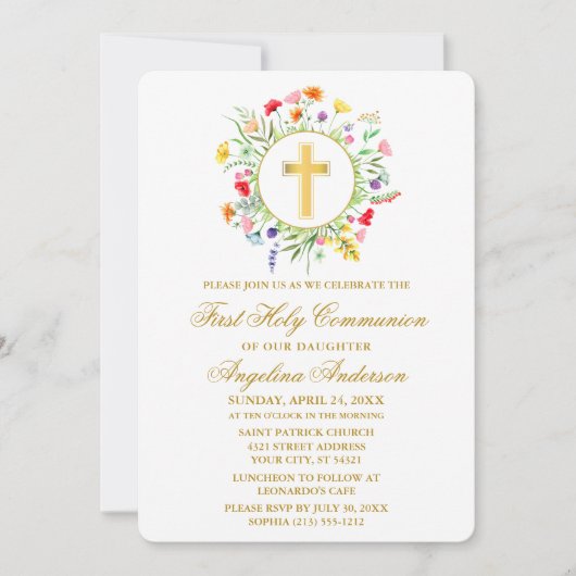 Waterverf wilde bloemen krans eerste communie goud kaart (Voorkant)