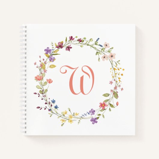 Waterverf Wilde Bloemen Krans Frame Monogram Notitieboek (Voorkant)