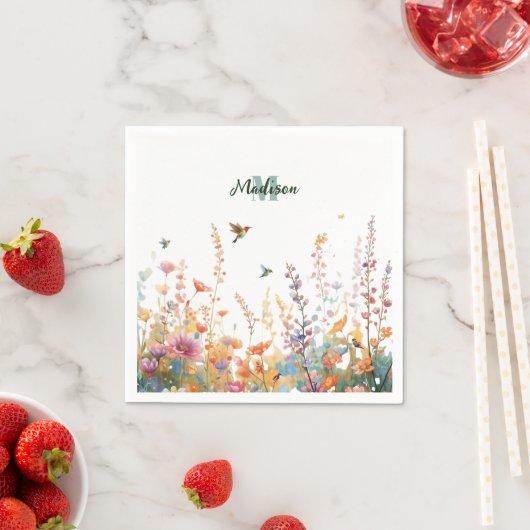 Waterverf Wilde Bloemen Monogram Gepersonaliseerde Servet (Insitu)