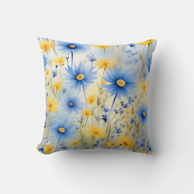 Waterverf wilde bloemen op korenbloem blauw kussen (Voorkant)