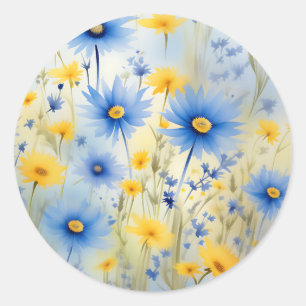 Waterverf wilde bloemen op korenbloem blauw ronde sticker