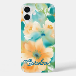 Waterverf wilde bloemen oranje teal iPhone 16 plus hoesje