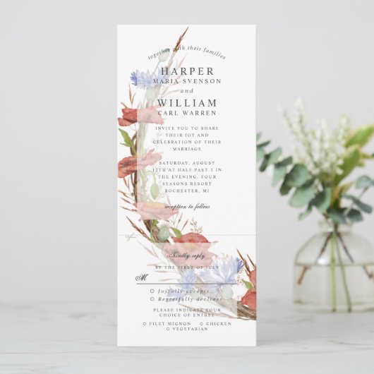 waterverf wilde bloemen papaverbruiloft uitnodigen kaart (Staand voorkant)