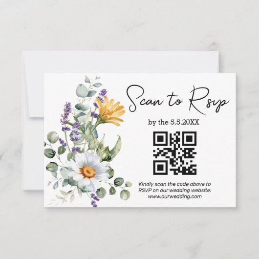 waterverf wilde bloemen qr code bruiloft trendy ch RSVP kaartje (Voorkant)