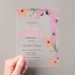Waterverf Wilde Bloemen Roze Boho Bloemen Sweet 16 Acryl Uitnodigingen