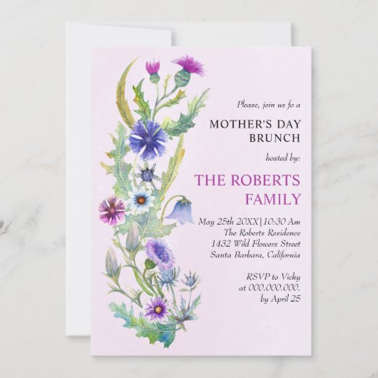 Waterverf wilde bloemen roze Moederdag brunch Kaart (Voorkant)