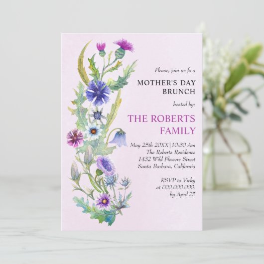 Waterverf wilde bloemen roze Moederdag brunch Kaart (Staand voorkant)