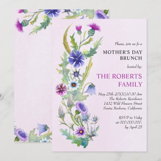 Waterverf wilde bloemen roze Moederdag brunch Kaart (Voorkant / Achterkant)