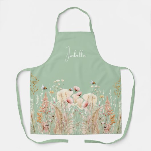 Waterverf wilde bloemen roze salie groene boho schort (Voorkant)