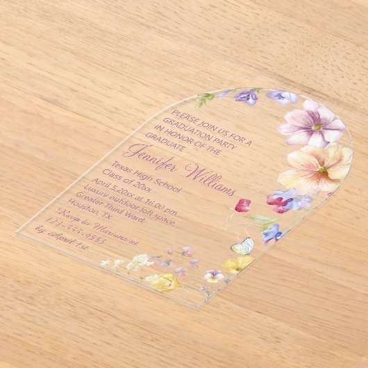 waterverf wilde bloemen roze script afstuderen acryl uitnodigingen (Laagn)