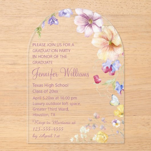 waterverf wilde bloemen roze script afstuderen acryl uitnodigingen (Voorkant)