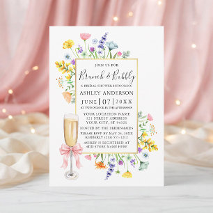 Waterverf Wilde Bloemen Roze Strik Bruids Brunch Kaart
