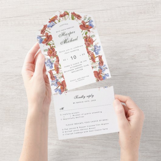 Waterverf wilde bloemen rsvp verbonden bruiloft all in one uitnodiging (Afscheurbaar)