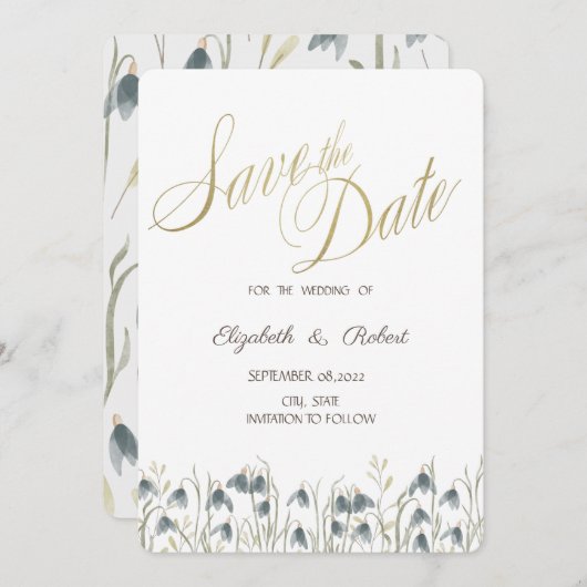 Waterverf Wilde bloemen Snowdruppels sparen de Dat Save The Date (Voorkant / Achterkant)