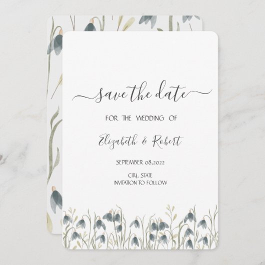 Waterverf Wilde bloemen Snowdruppels sparen de Dat Save The Date (Voorkant / Achterkant)