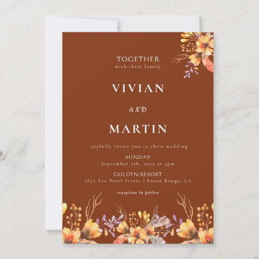 Waterverf Wilde Bloemen Terracotta Bruiloft Kaart (Voorkant)