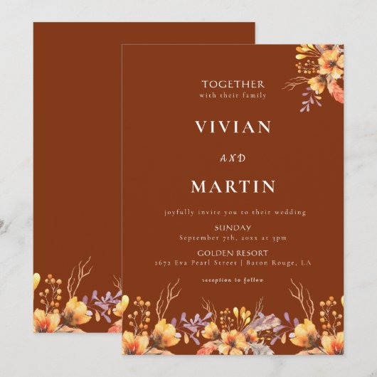 Waterverf Wilde Bloemen Terracotta Bruiloft Kaart (Voorkant / Achterkant)