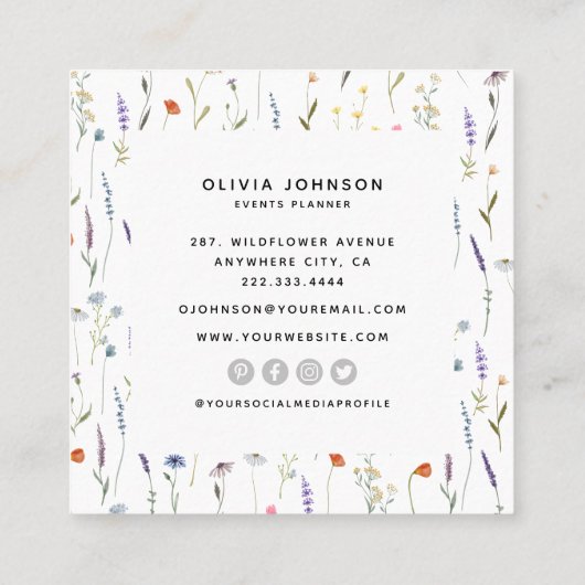 Waterverf wilde bloemen vierkante visitekaartje (Achterkant)