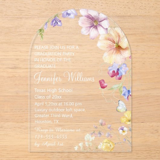 waterverf wilde bloemen wit script afstuderen acryl uitnodigingen (Voorkant)