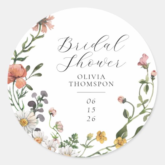 Waterverf Wilde Bloemenkrans Script Bruidsdouche Ronde Sticker (Voorkant)