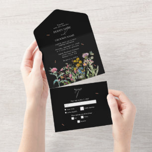 Waterverf wilde bloementuin bruiloft zwart Boho All In One Uitnodiging