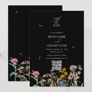 Waterverf wilde bloementuin bruiloft Zwart Boho Save The Date