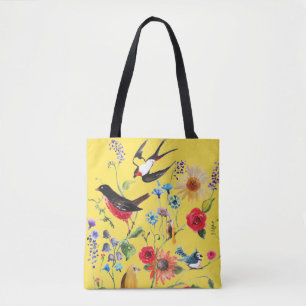 Waterverf wilde bloemenvogels tote bag