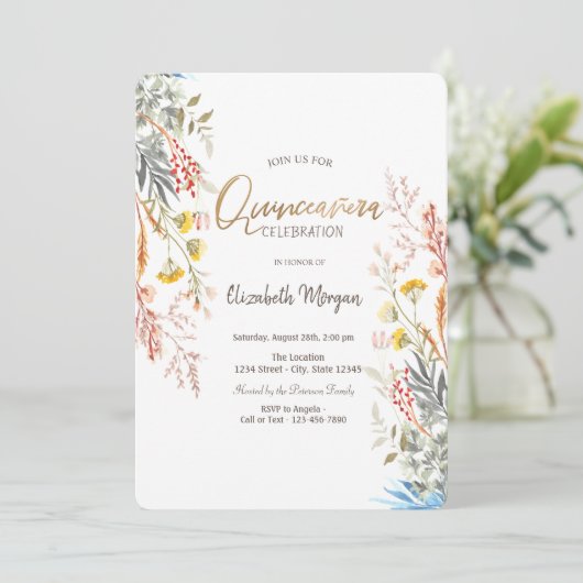 Waterverf Wilde Bloemenwei Gedroogde Quinceañera  Kaart (Staand voorkant)