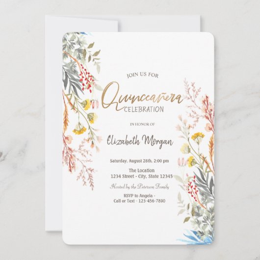 Waterverf Wilde Bloemenwei Gedroogde Quinceañera  Kaart (Voorkant)