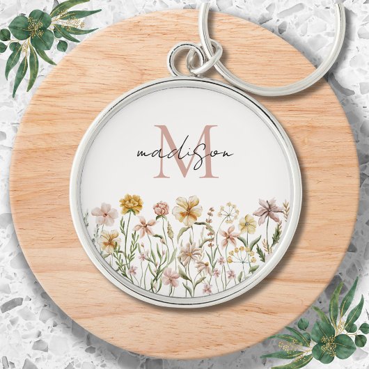 Waterverf Wilde Bloemenweide Bloem met Initiaal Sleutelhanger