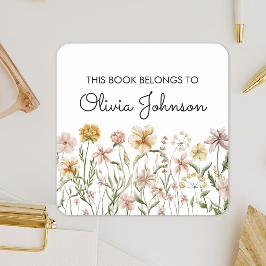 Waterverf Wilde Bloemenweide Ex-Libris Vierkante Sticker