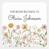 Waterverf Wilde Bloemenweide Ex-Libris Vierkante Sticker (Voorkant)