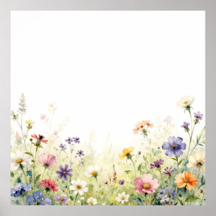 Waterverf Wilde Bloemenweide Pastel Bloemenrand Poster