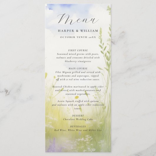 Waterverf wilde bloemenweide wolken trouwmenu menu (Voorkant)