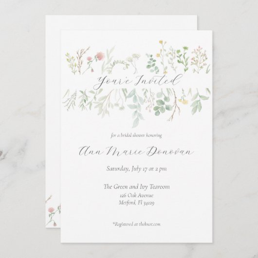 Waterverf Wilde Bloemgrens Uitnodiging (Voorkant / Achterkant)