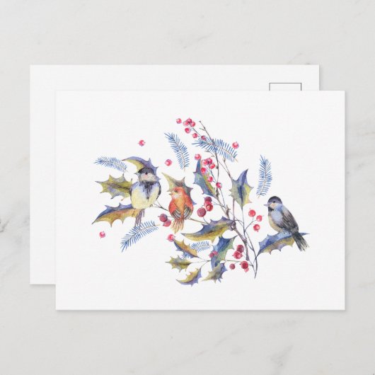 Waterverf wilde bosvogels en rode bessen briefkaart (Voorkant / Achterkant)