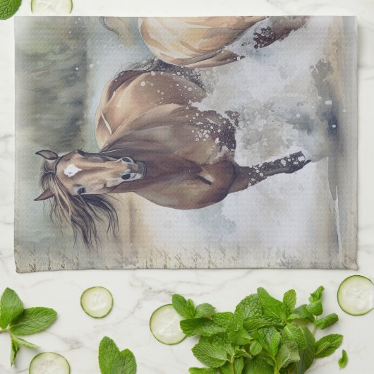 Waterverf wilde paarden theedoek (Gevouwen)