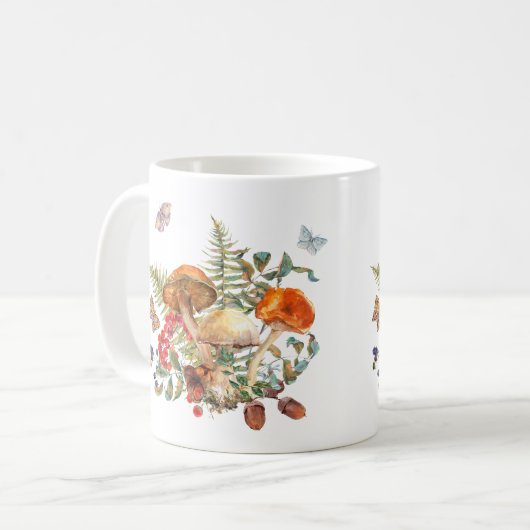 Waterverf wilde paddenstoelen, bessen, eikels koffiemok (Voorkant links)