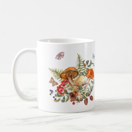 Waterverf wilde paddenstoelen, bessen, eikels koffiemok (Links)