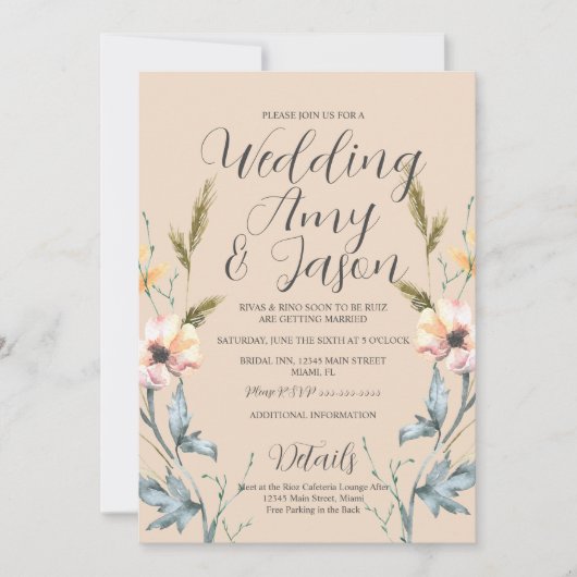 Waterverf Wilde Vloercrème en grijze bruiloft Kaart (Voorkant)