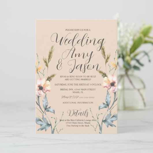 Waterverf Wilde Vloercrème en grijze bruiloft Kaart (Staand voorkant)