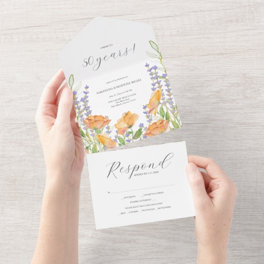 Waterverf Wildflower 50ste bruiloft Jubileum All In One Uitnodiging (Afscheurbaar)