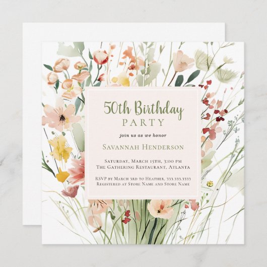Waterverf Wildflower 50ste verjaardagsfeestje Kaart (Voorkant / Achterkant)