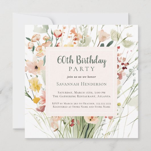 Waterverf Wildflower 60e verjaardagsfeestje Kaart (Voorkant)