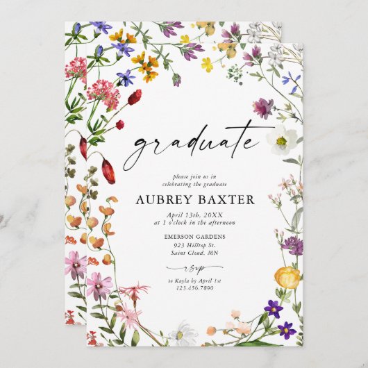 Waterverf Wildflower Afstudeerfeest Kaart (Voorkant / Achterkant)