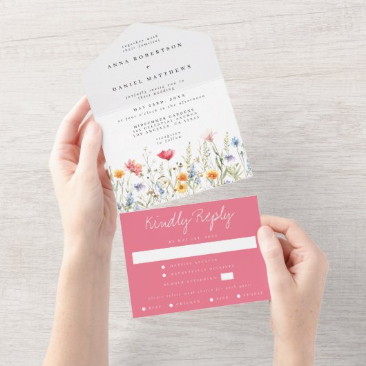 Waterverf Wildflower All in One Wedding Uitnodiging (Afscheurbaar)